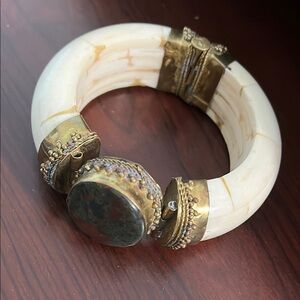 Vintage chunky brass tibetian genuine bone and stone Bracelet
